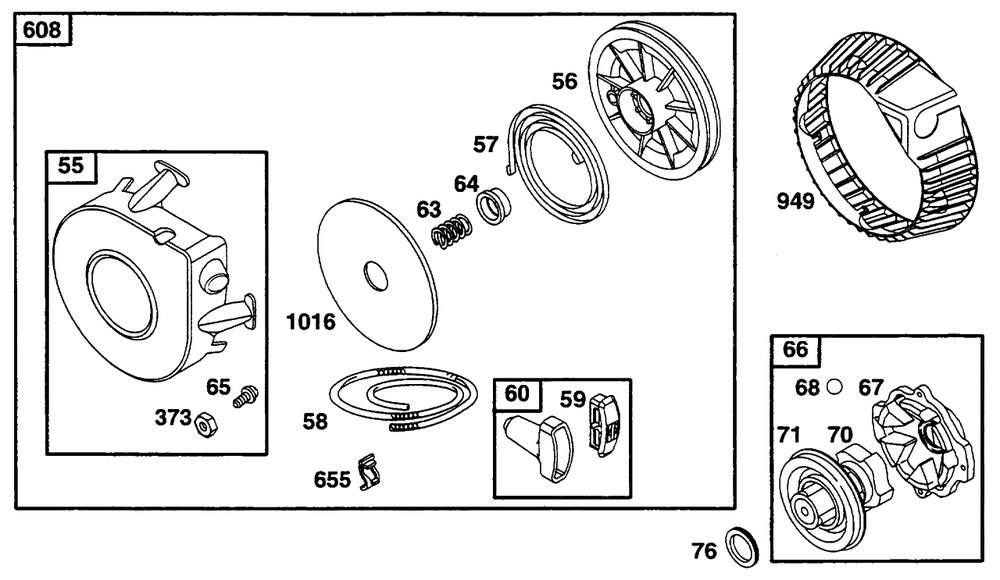 Rewind Starter Diagram and Parts List for 256702-4002-XX  Briggs and Stratton Engine